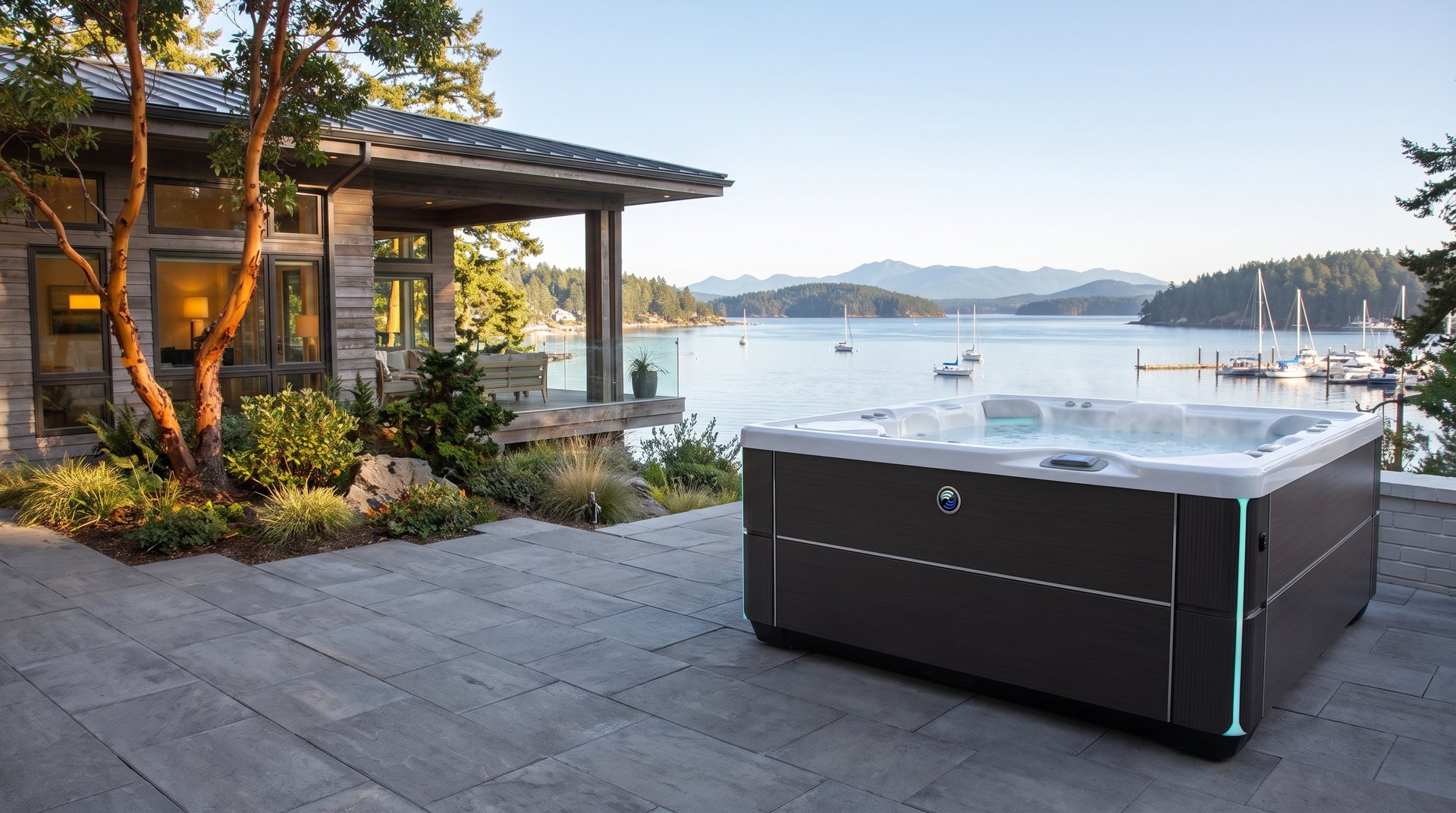 Waterfront home with a hot tub above an Anacortes marina and the San Juan Islands on the Salish Sea