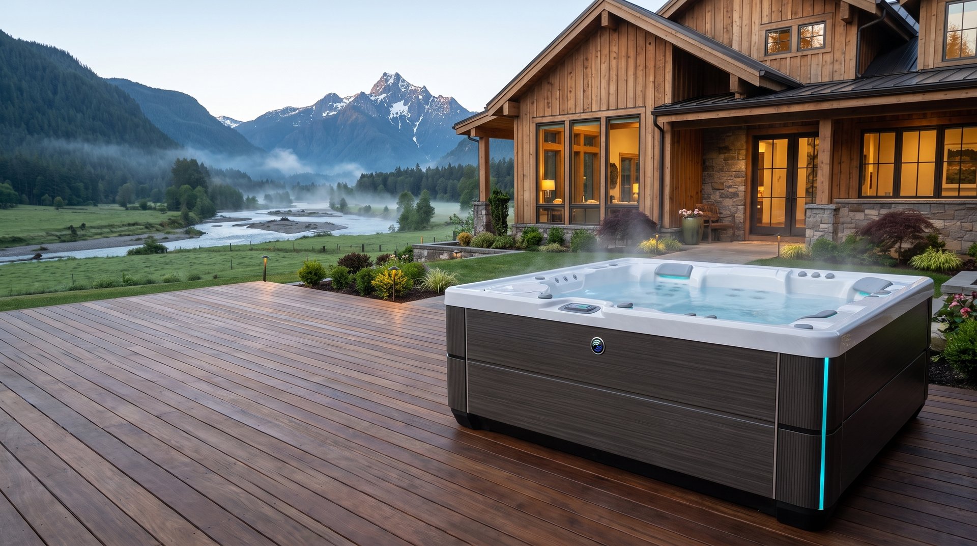 River-valley farmhouse with a hot tub looking up the Stillaguamish valley to Whitehorse Mountain near Arlington, WA