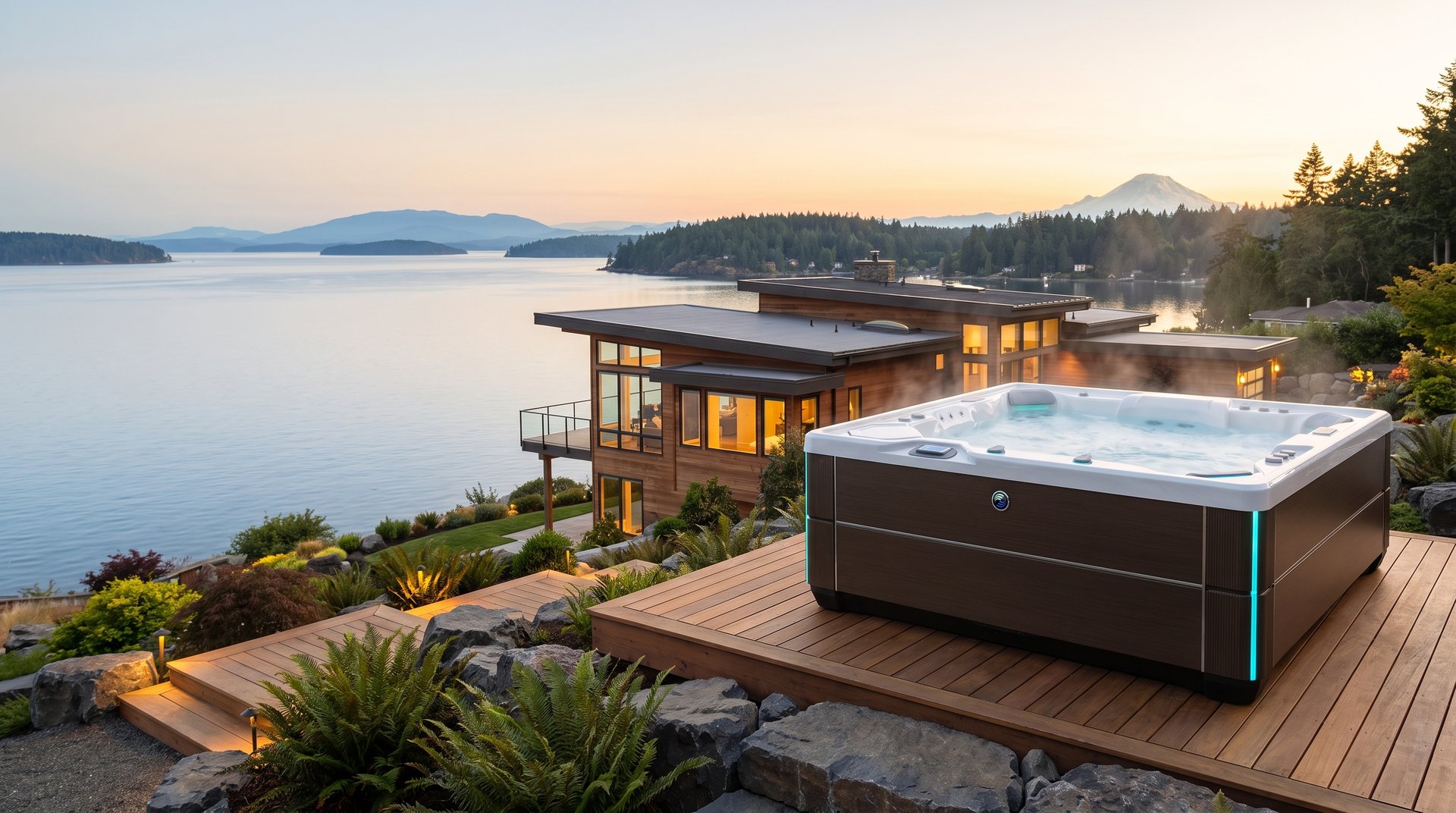 Luxury home with a hot tub on a deck overlooking Bellingham Bay and the San Juan Islands at golden hour