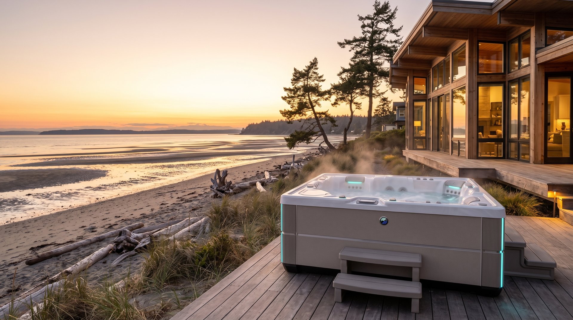 Beachfront home with a hot tub facing a Birch Bay sunset over the water