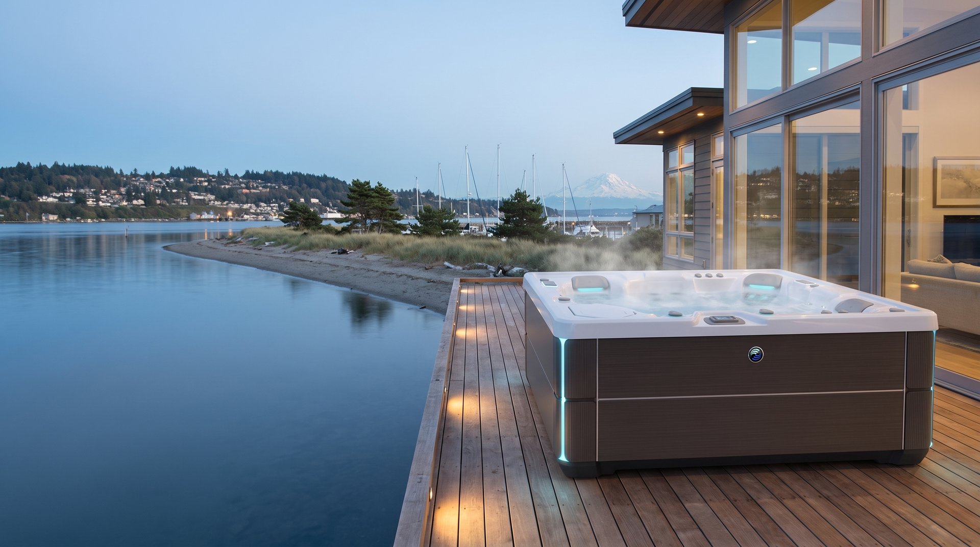 Waterfront home with a hot tub above the Semiahmoo spit and Drayton Harbor near Blaine, WA