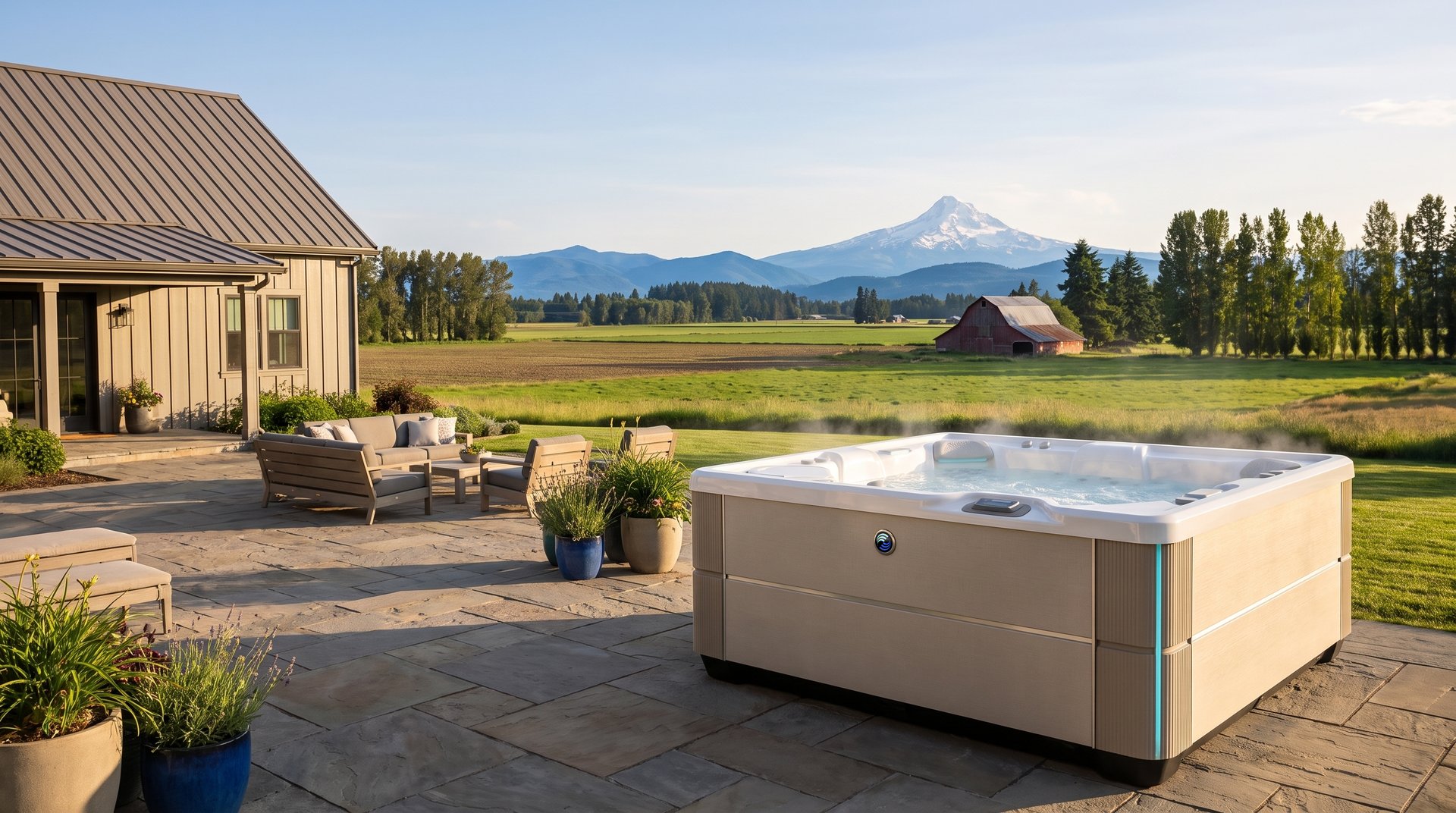 Modern farmhouse with a hot tub overlooking Skagit Valley farm fields and the Cascade foothills near Burlington, WA
