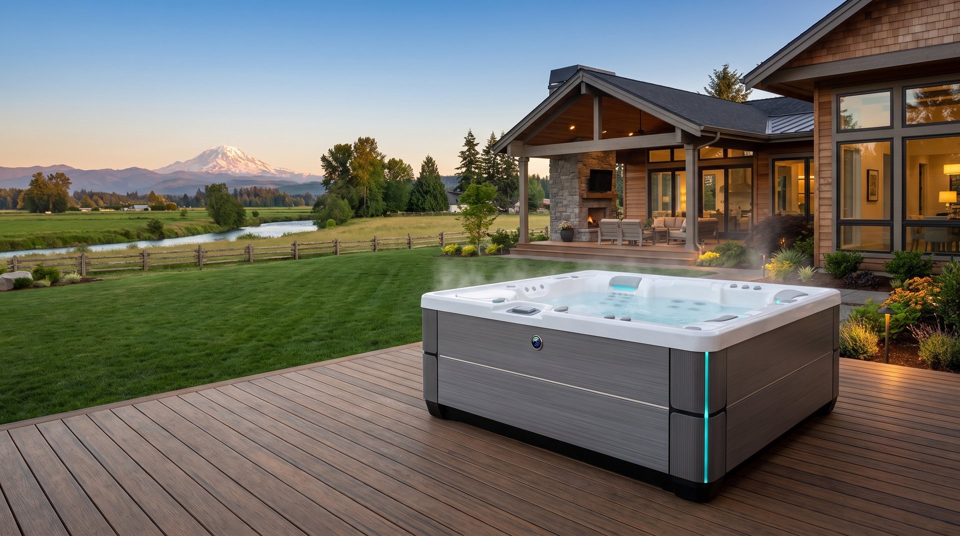 Luxury farmhouse with a hot tub on green Ferndale pastureland below a snow-capped Mount Baker