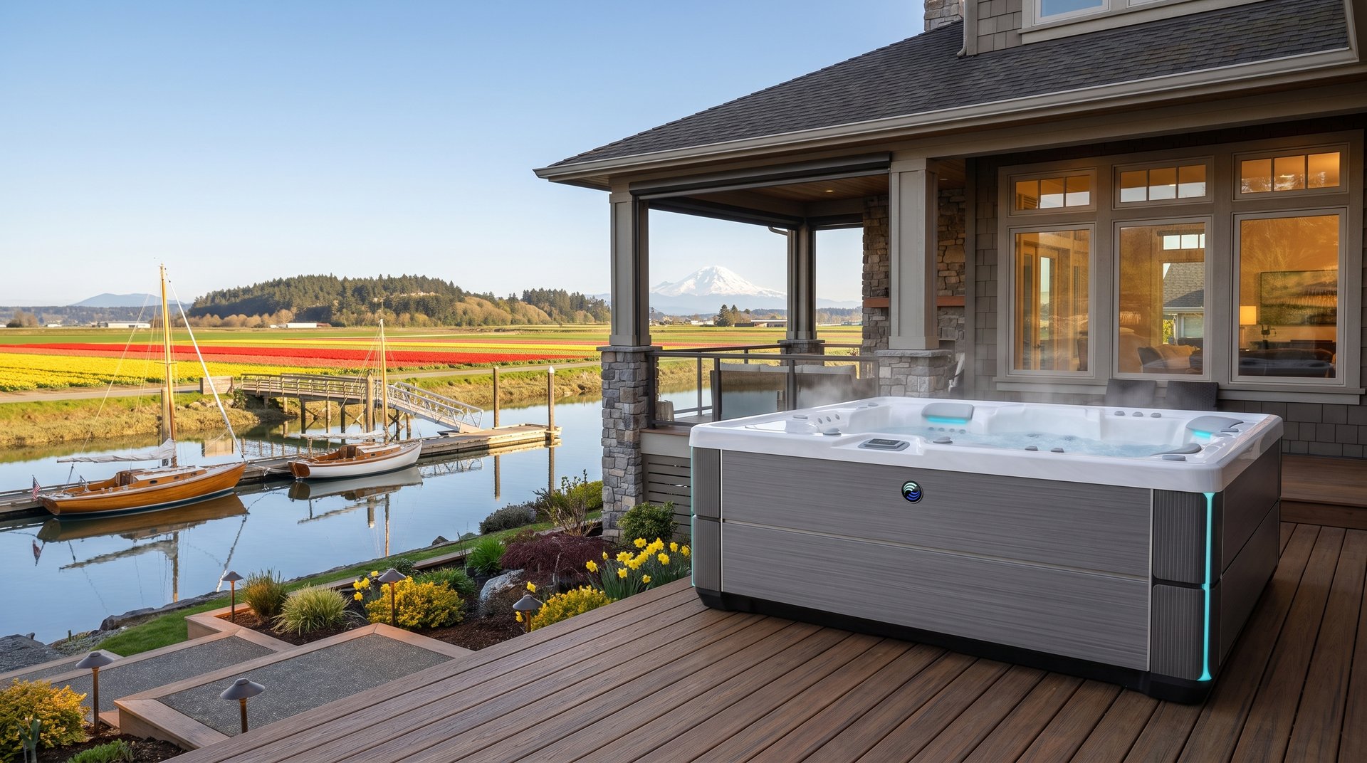 Waterfront home with a hot tub on La Conner's Swinomish Channel amid blooming tulip fields