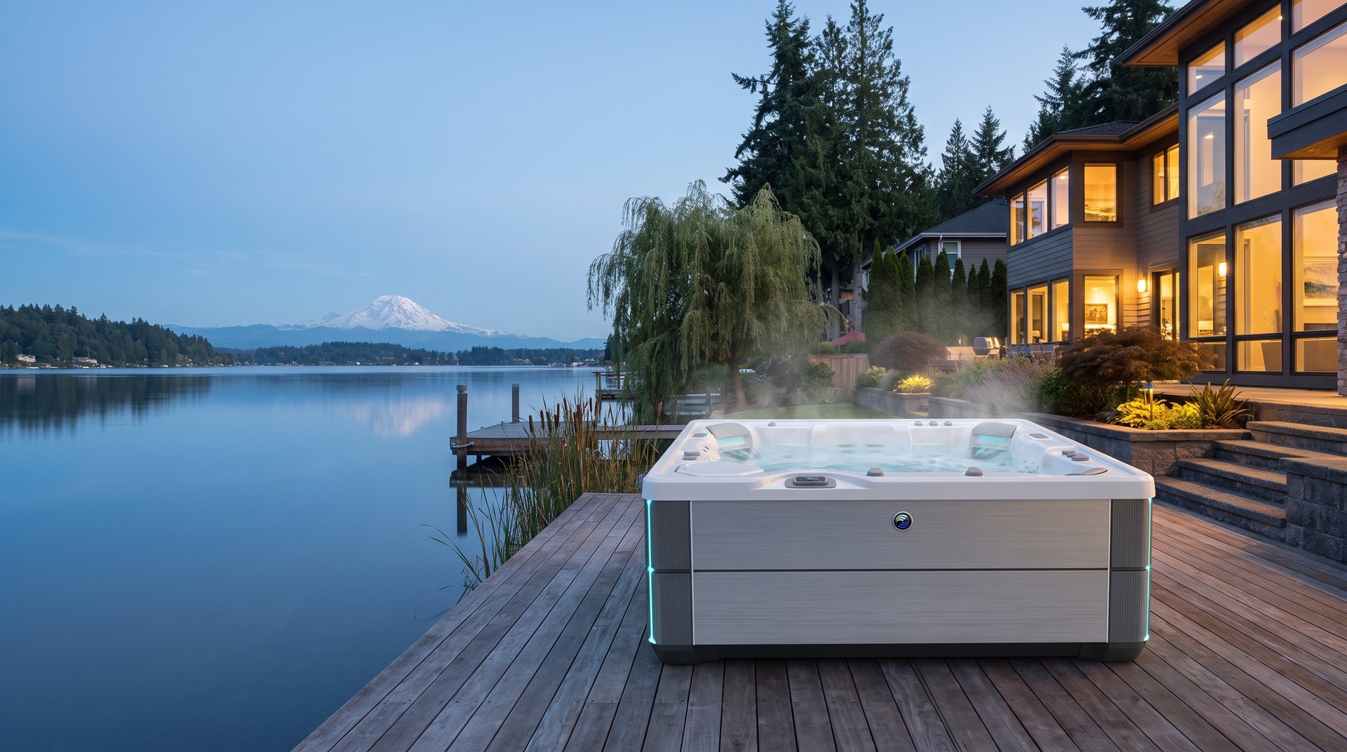 Lakefront home with a hot tub on a dock at Lake Stevens, Mount Pilchuck reflected at evening
