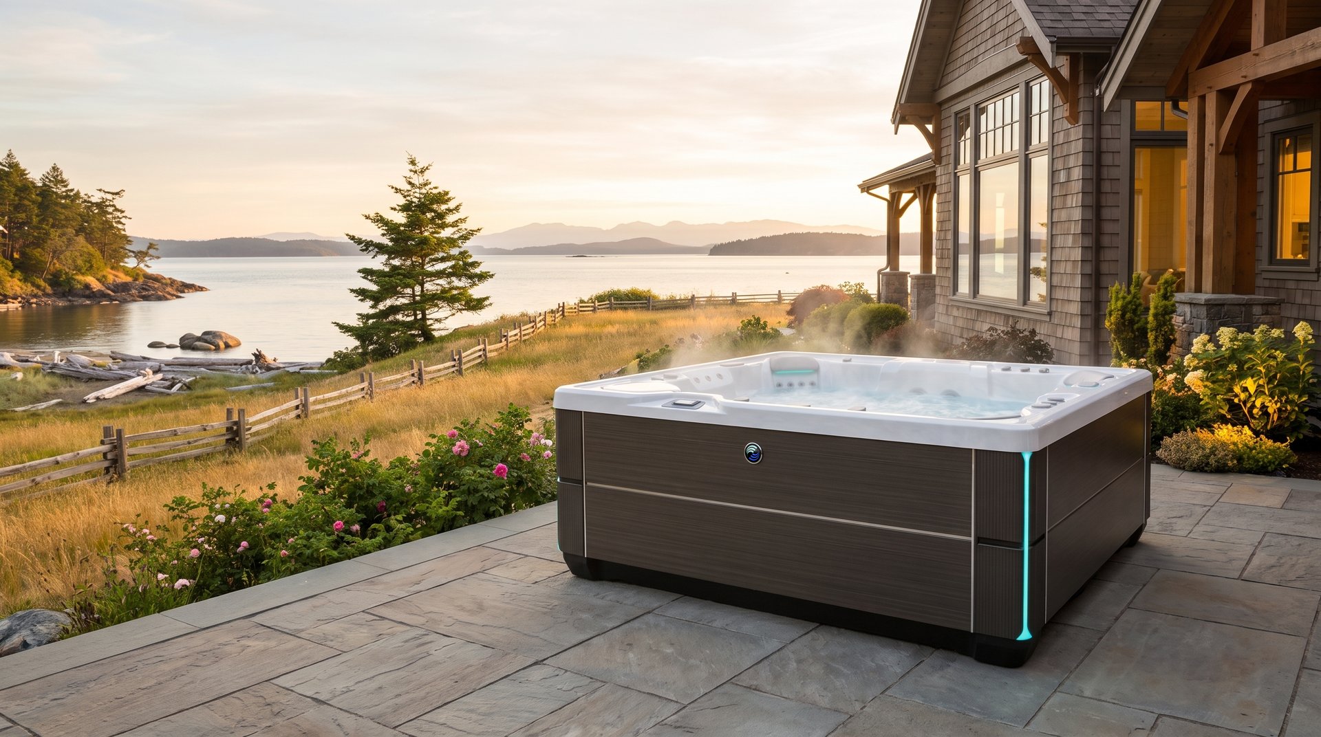 Island farmhouse with a hot tub where Lopez Island fields meet a quiet Salish Sea cove