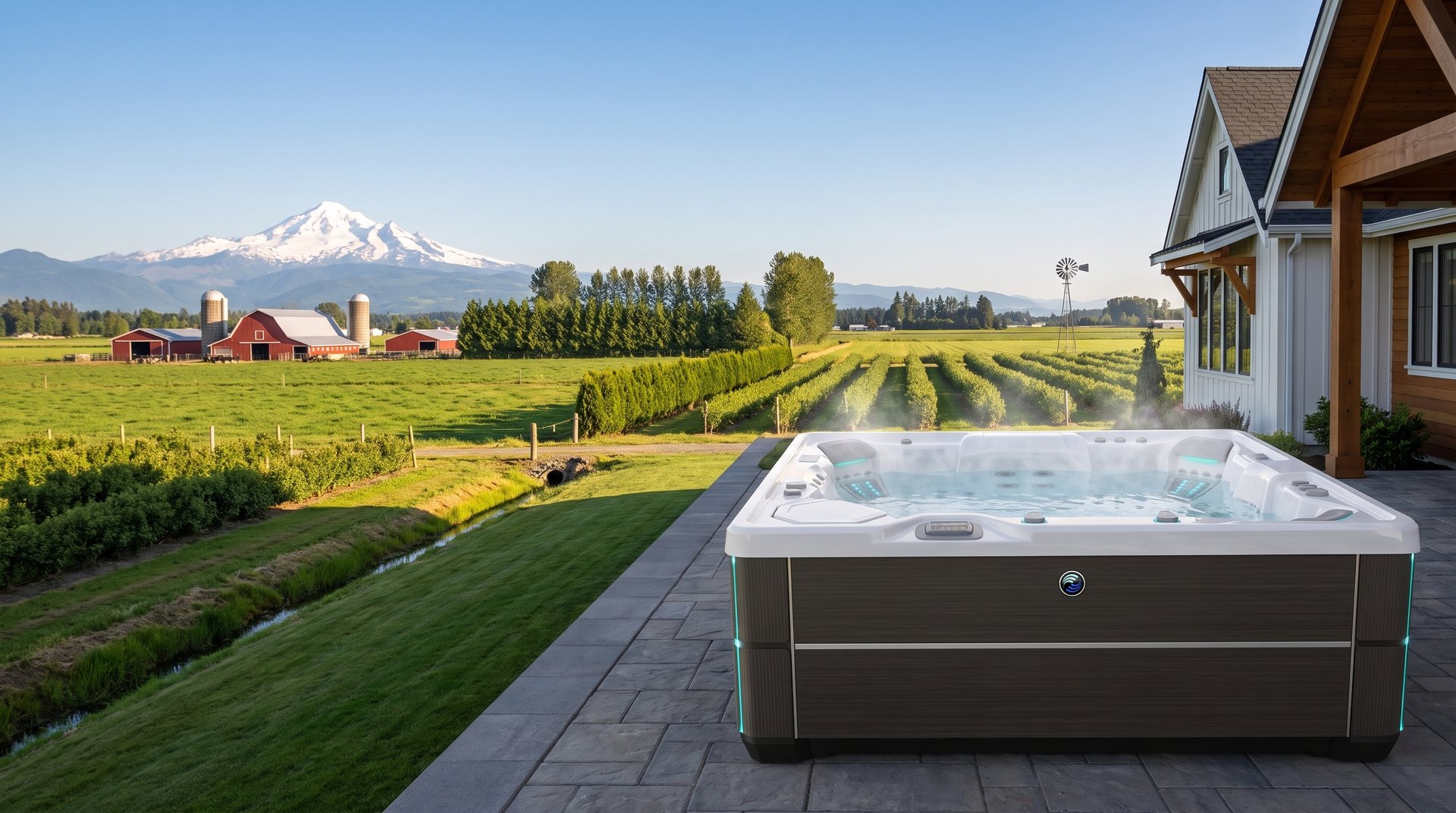 Modern farmhouse with a hot tub in Lynden dairy country, red barns and a windmill below a snow-capped Mount Baker