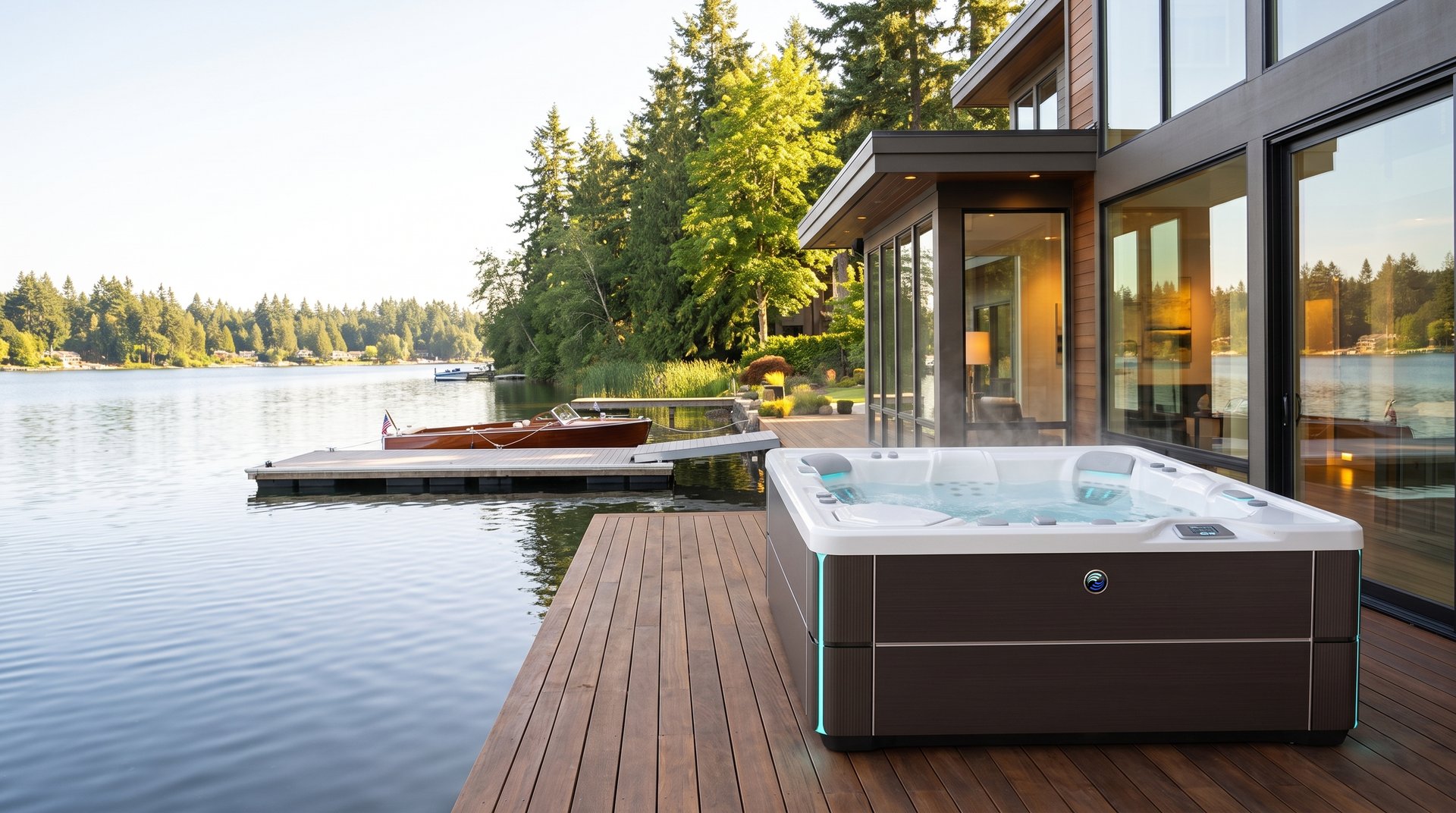 Lakefront home with a hot tub on a dock at Lake Goodwin near Marysville, WA