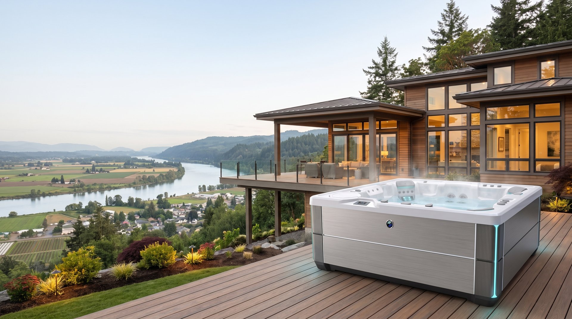 Hillside home with a hot tub overlooking the Skagit River and tulip-valley farm fields near Mount Vernon, WA
