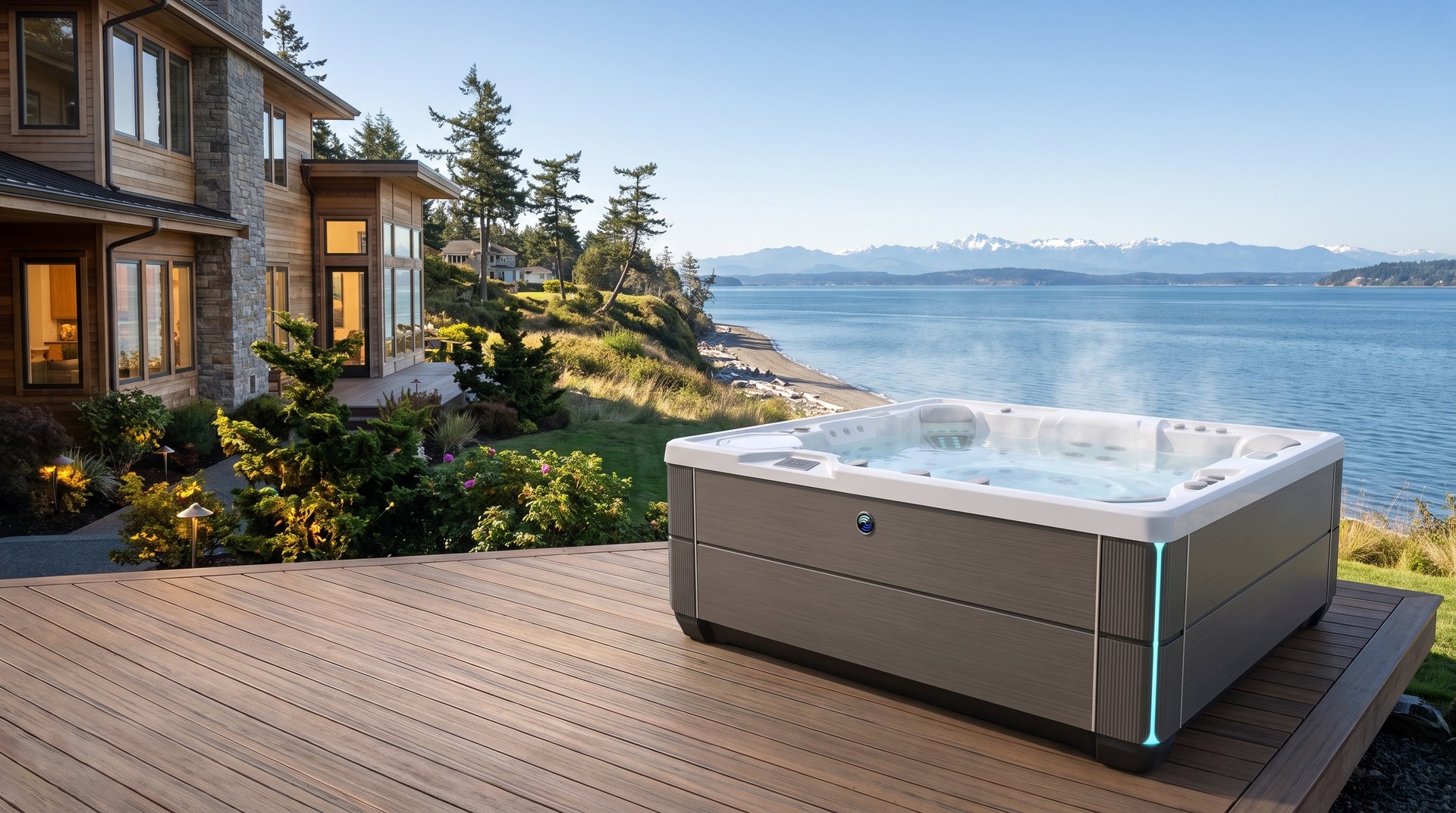 Bluff-top home with a hot tub above Puget Sound and the Cascades near Oak Harbor on Whidbey Island