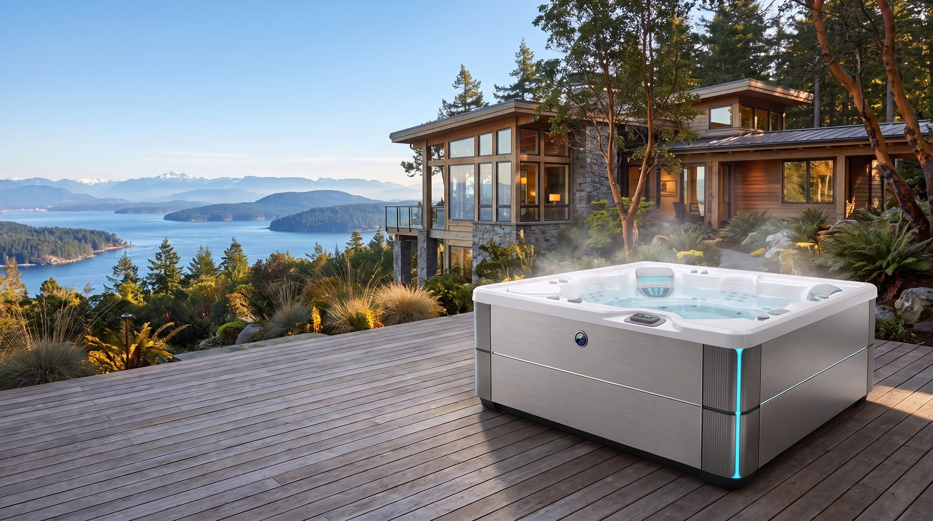 Hillside home with a hot tub above a panorama of the San Juan Islands on Orcas Island