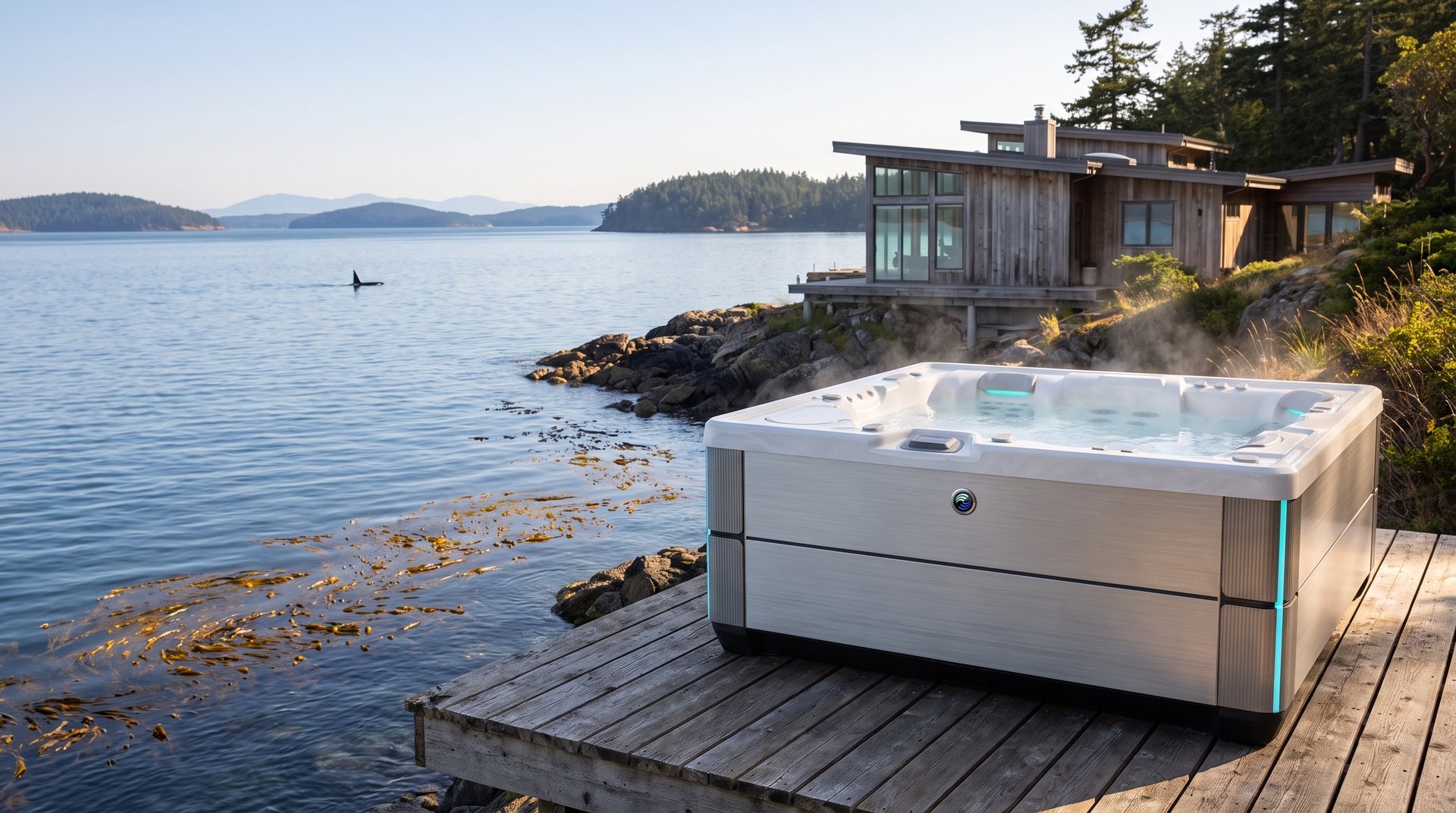 Island home with a hot tub on a rocky San Juan Island shore, an orca on the Salish Sea beyond