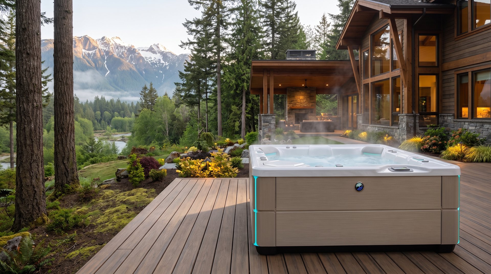 Timber-and-stone home with a hot tub on the Skagit River facing the rugged North Cascades near Sedro-Woolley, WA