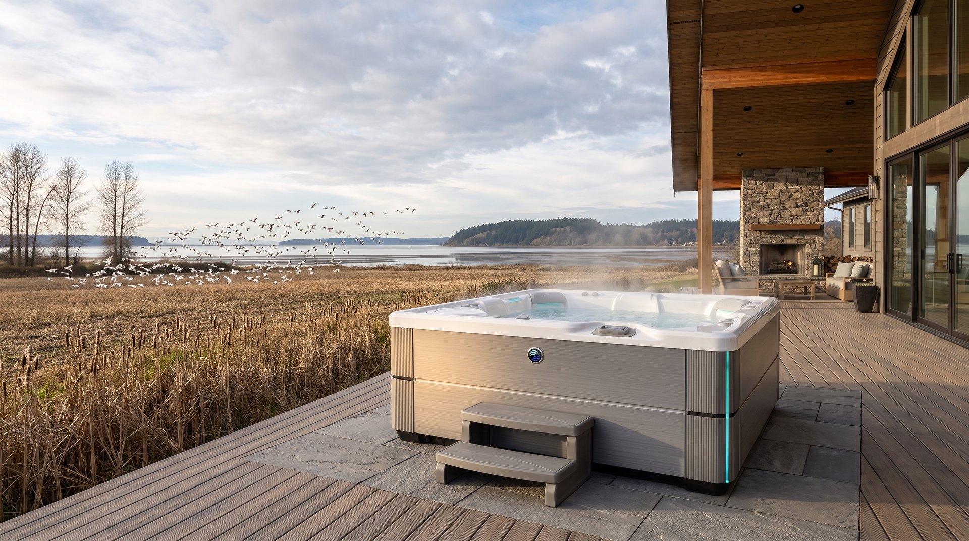 Farmhouse with a steaming hot tub where Stanwood fields meet Port Susan Bay, snow geese over the flats
