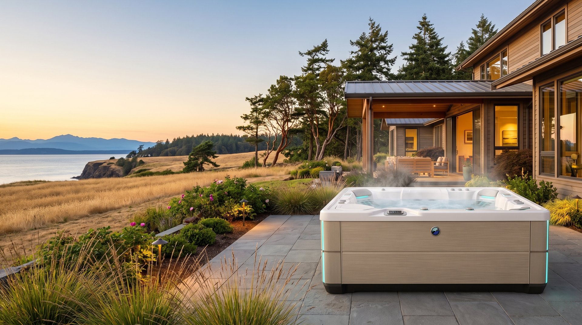 Farmhouse with a hot tub on a rolling Whidbey Island sea prairie above Puget Sound with the Olympic Mountains beyond