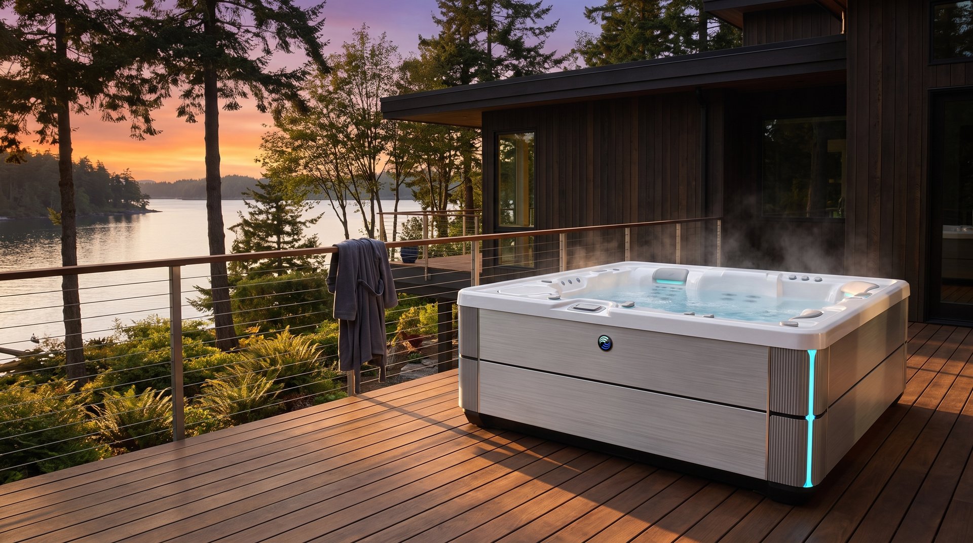 Hot Spring Envoy hot tub on a waterfront deck at sunset
