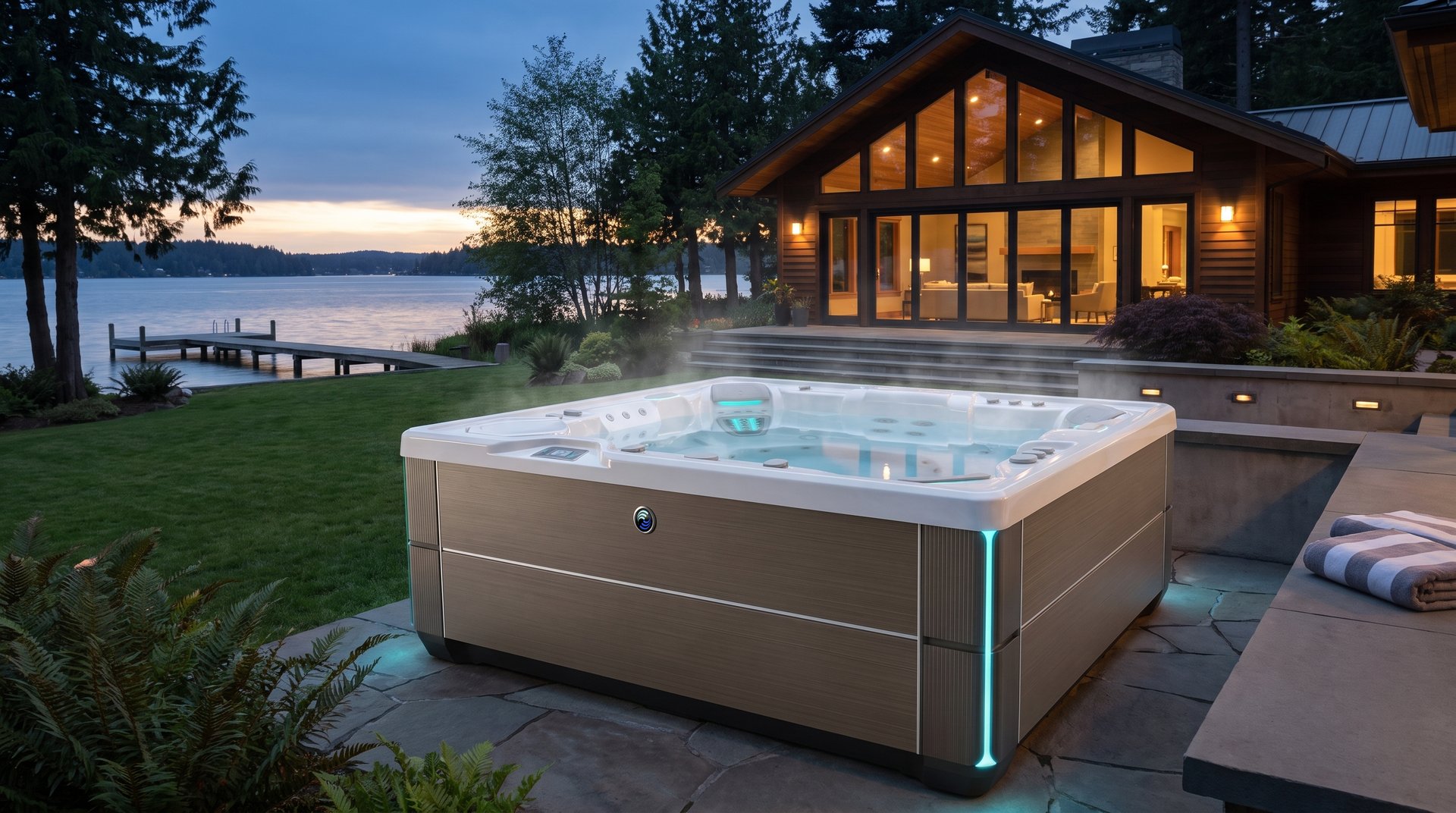 Hot Spring Grandee hot tub on a lakeside lawn