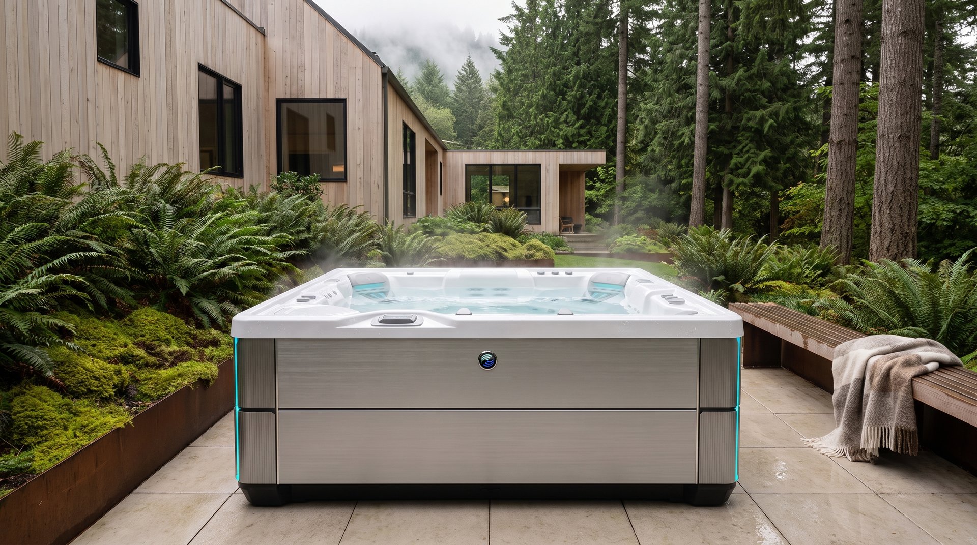 Steaming Hot Spring Grandee hot tub on a stone terrace among ferns and tall evergreens beside a modern cedar home