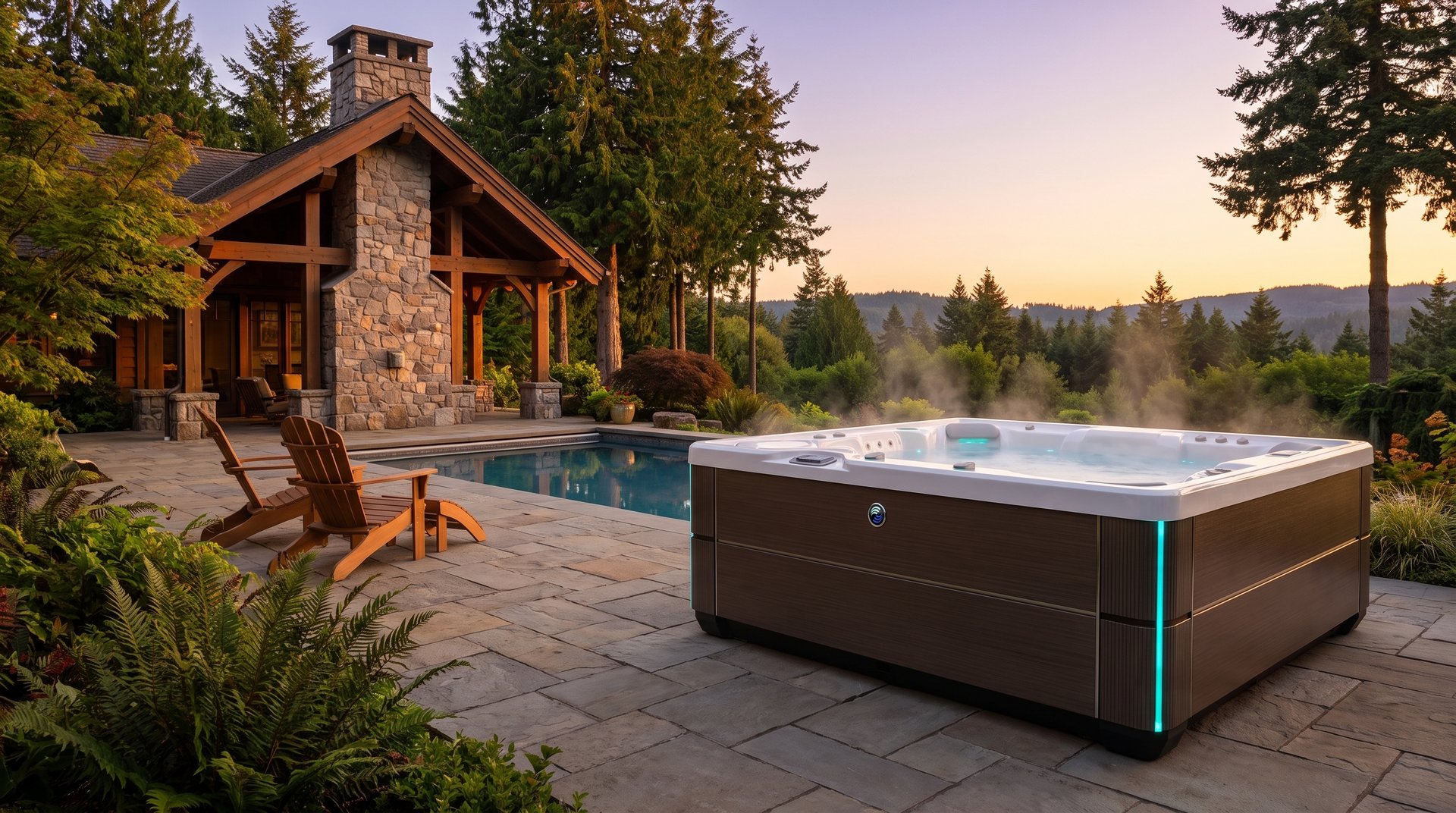 Hot Spring Grandee hot tub on a pool terrace beside a timber-frame lodge at sunset