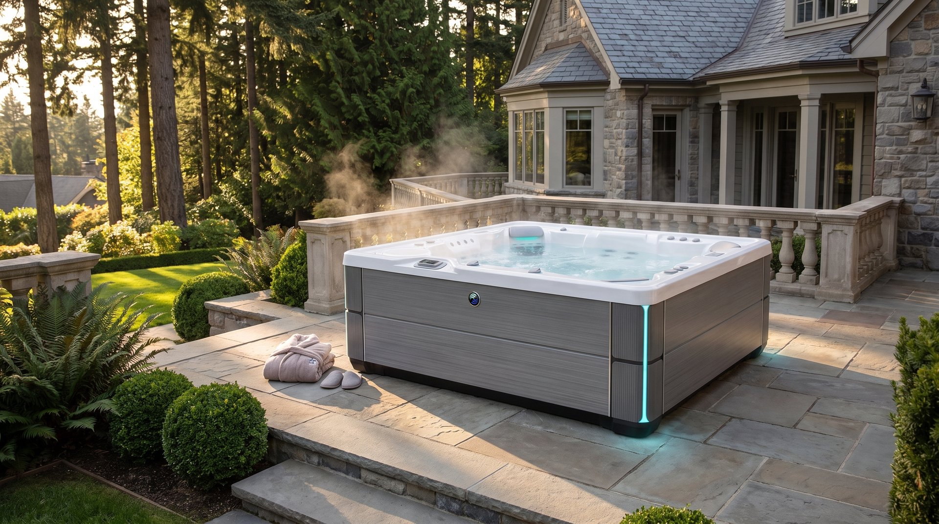 Hot Spring Grandee hot tub on a spacious estate terrace