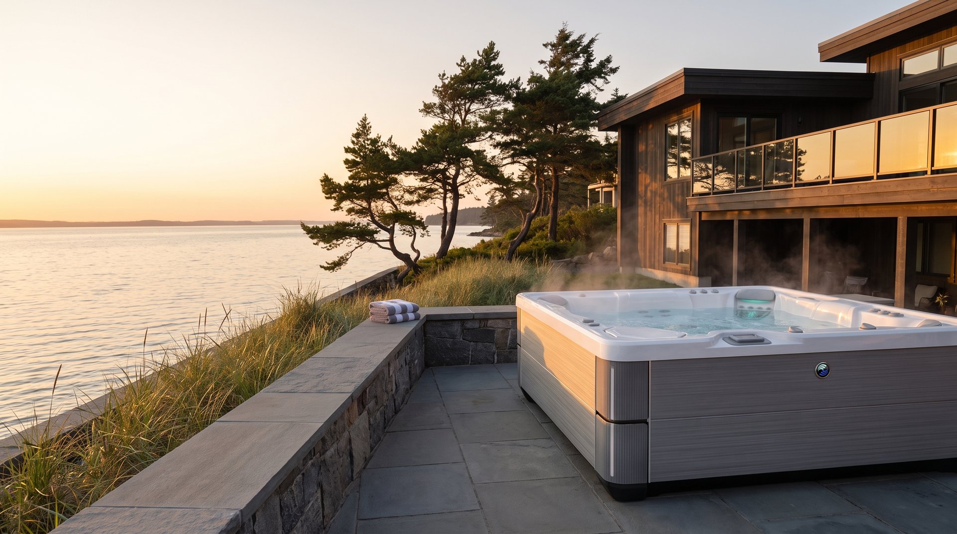 Hot Spring Grandee hot tub on a waterfront terrace on the Sound