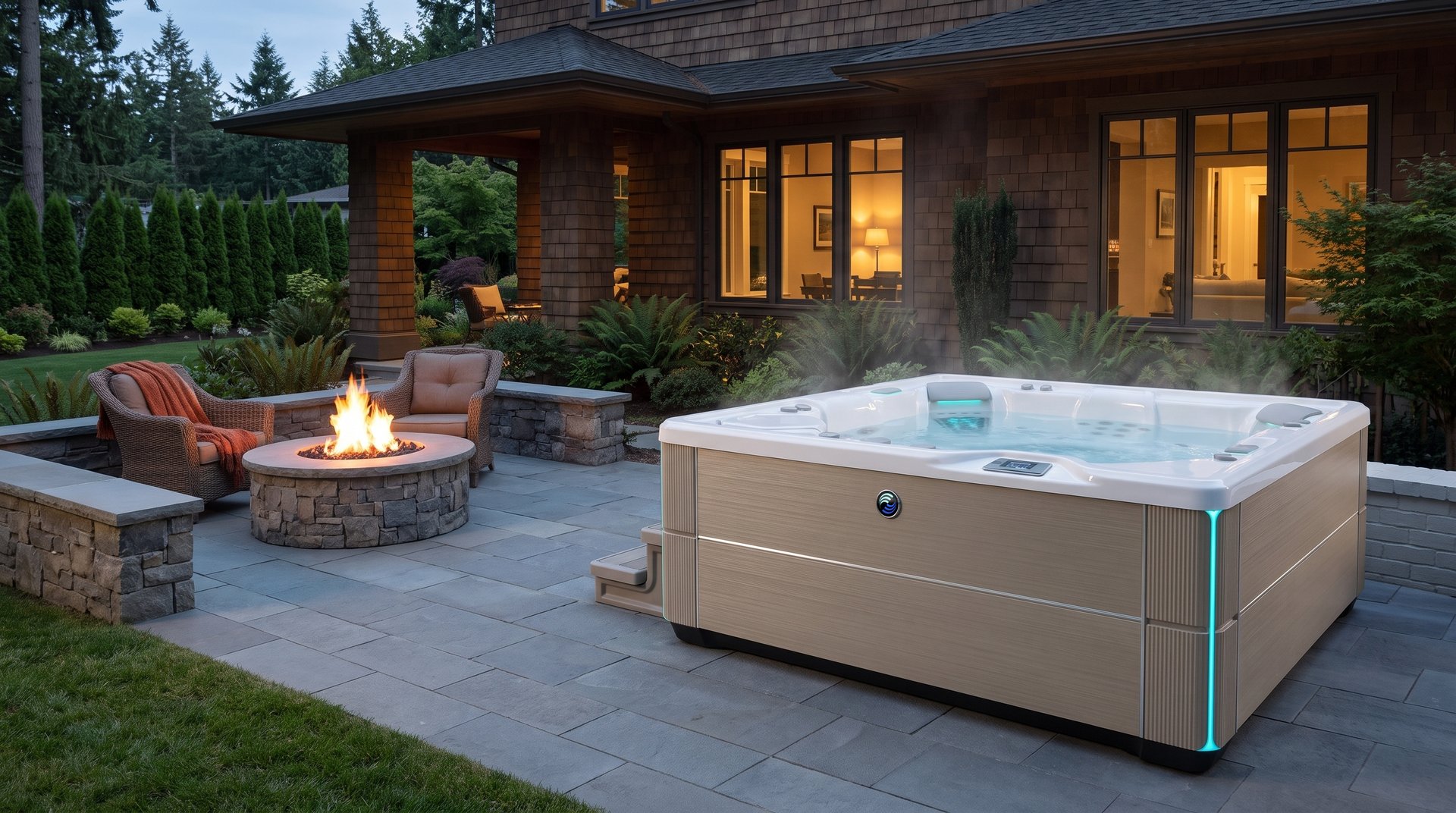 Hot Spring Vanguard hot tub on a bluestone patio beside a fire pit