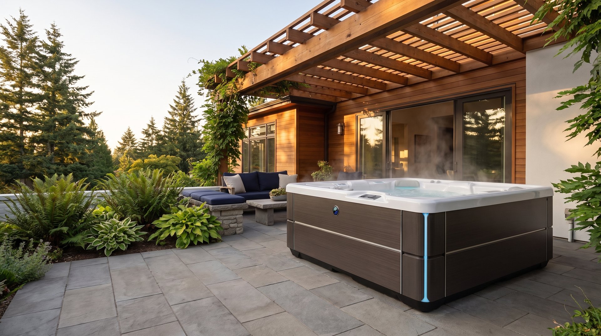 Hot Spring Highlife Vanguard spa on a cedar pergola lounge terrace at golden hour