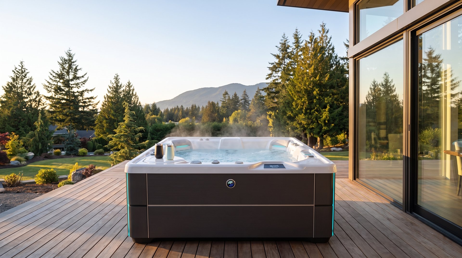 Hot Spring Vanguard hot tub steaming on a cedar deck at golden hour, with evergreens and a mountain ridgeline beyond