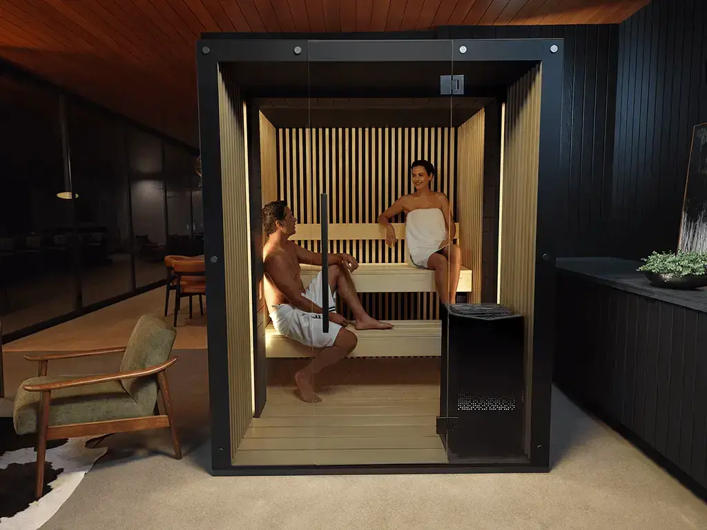 Tylö sauna with warm interior lighting
