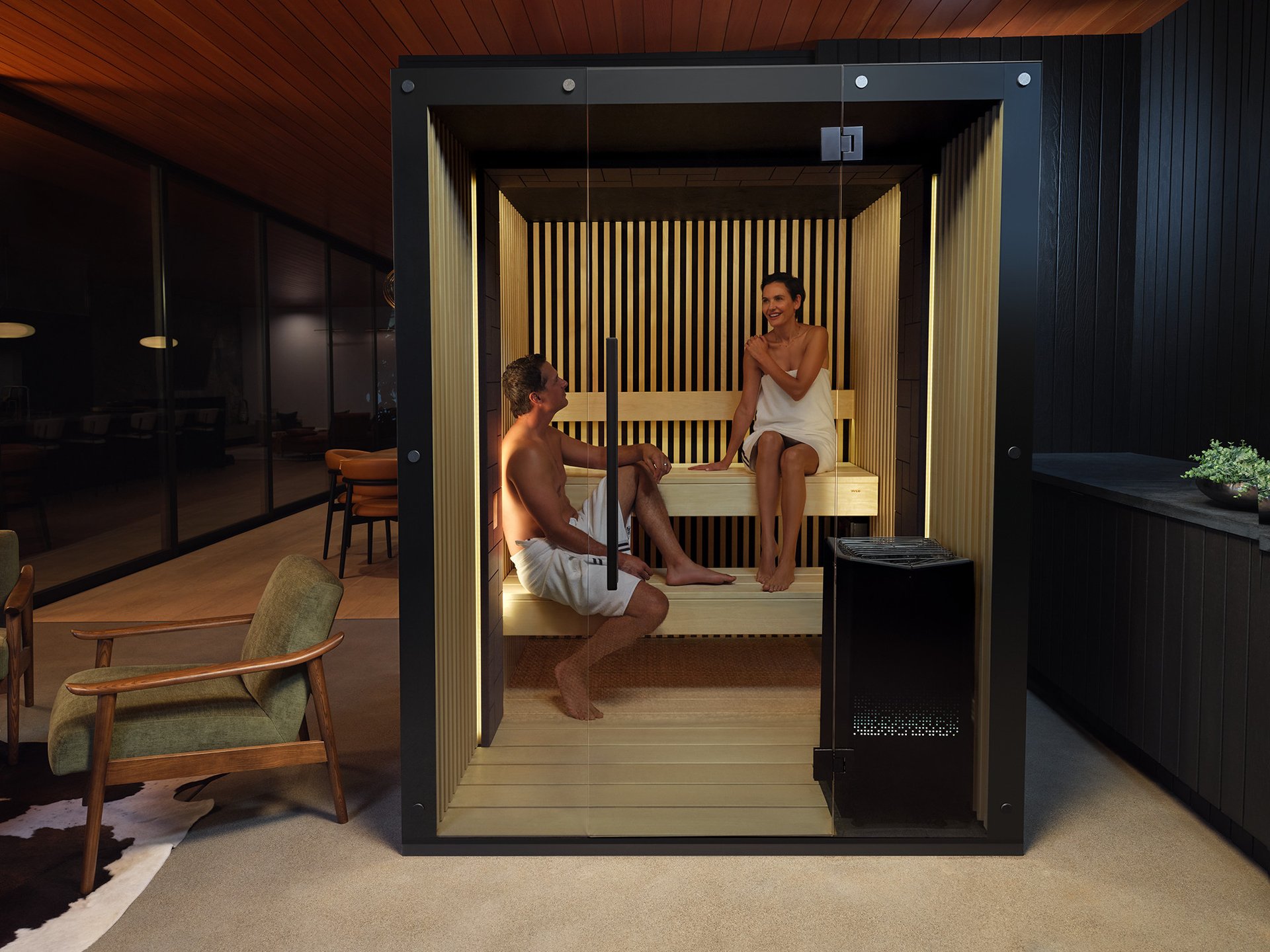 Relaxing inside a Tylo sauna